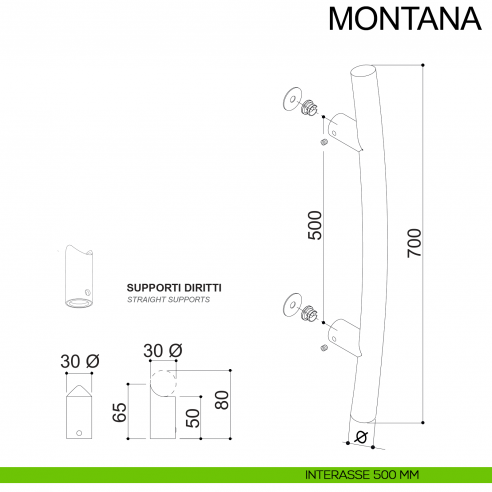 Maniglione acciaio tubolare curvo  per porta diametro 30 mm Montana Fimet Inox interasse 700 mm