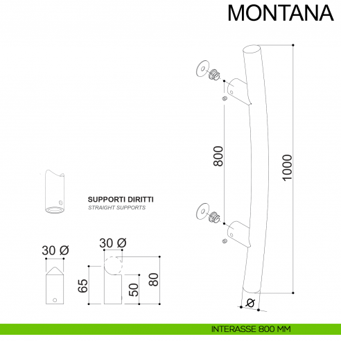 Maniglione acciaio tubolare curvo per porta diametro 30 mm Montana Fimet Inox interasse 1000 mm