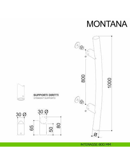 Maniglione acciaio tubolare curvo per porta diametro 30 mm Montana Fimet Inox interasse 1000 mm