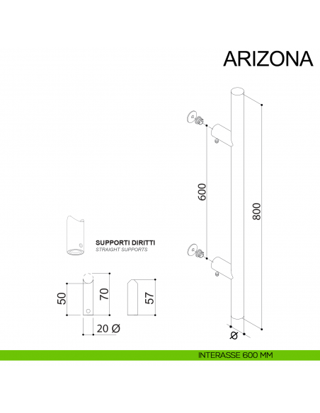 Maniglione in acciaio tubolare dritto per porta diametro 20 mm Arizona Fimet Inox disegno interasse 600 mm