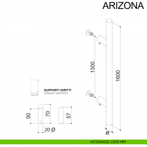 Maniglione in acciaio tubolare dritto per porta diametro 20 mm Arizona Fimet Inox disegno interasse 1300 mm