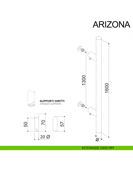 Maniglione in acciaio tubolare dritto per porta diametro 20 mm Arizona Fimet Inox disegno interasse 1300 mm