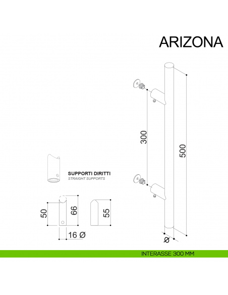 Maniglione tubolare in acciaio dritto per porta diametro 16 mm Arizona Fimet Inox disegno interasse 300 mm