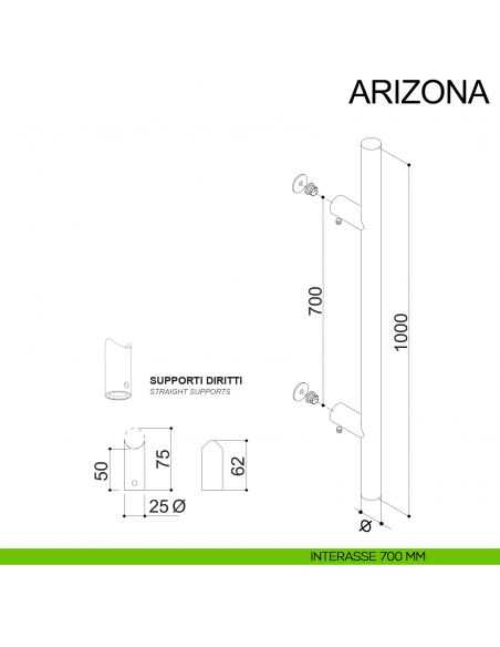 Maniglione dritto tubolare in acciaio per porta diametro 25 mm Arizona Fimet Inox disegno interasse 700 mm