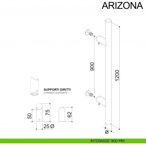 Maniglione dritto tubolare in acciaio per porta diametro 25 mm Arizona Fimet Inox disegno interasse 900 mm