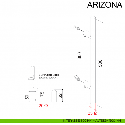 Maniglione dritto in acciaio tubolare per porta diametro 25 mm Arizona Fimet Inox disegno interasse 300 mm altezza 500 mm