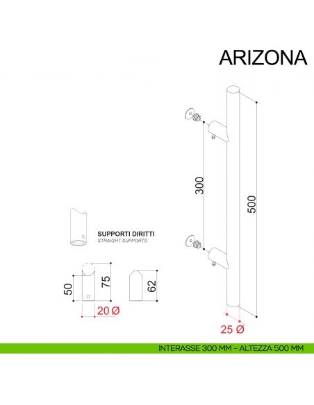 Maniglione dritto in acciaio tubolare per porta diametro 25 mm Arizona Fimet Inox disegno interasse 300 mm altezza 500 mm