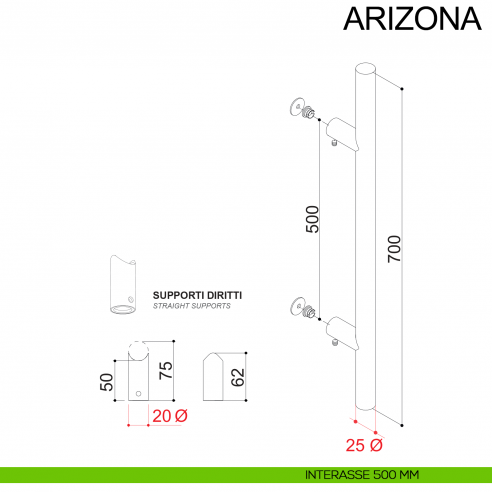 Maniglione tondo dritto in acciaio diametro 25 mm con supporti diametro 20 mm Arizona Fimet Inox disegno interasse 500 mm