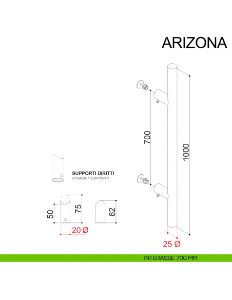 Maniglione tondo dritto in acciaio diametro 25 mm con supporti diametro 20 mm Arizona Fimet Inox disegno interasse 700 mm