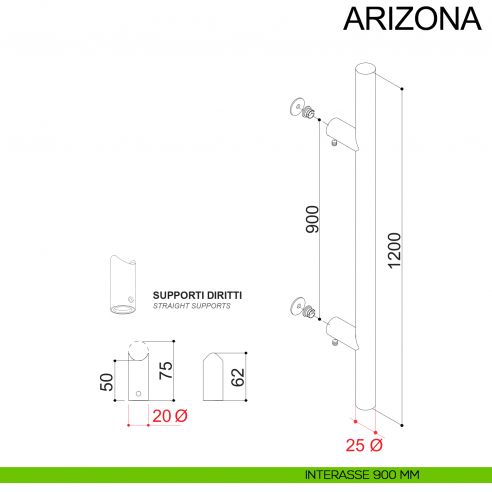 Maniglione tondo dritto in acciaio diametro 25 mm con supporti diametro 20 mm Arizona Fimet Inox disegno interasse 900 mm
