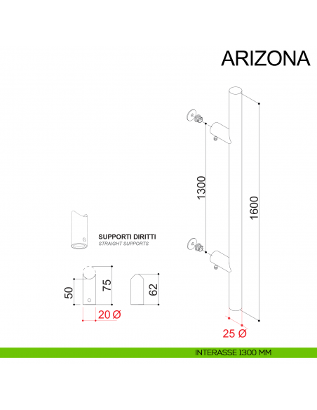 Maniglione tondo dritto in acciaio diametro 25 mm con supporti diametro 20 mm Arizona Fimet Inox disegno interasse 1300 mm