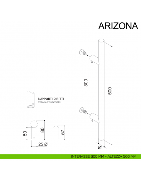 Maniglione tondo dritto in acciaio per porta diametro 30 mm Arizona Fimet Inox disegno interasse 300 mm altezza 500 mm