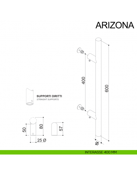 Maniglione tondo dritto in acciaio per porta diametro 30 mm Arizona Fimet Inox disegno interasse 400 mm