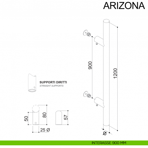Maniglione tondo dritto in acciaio per porta diametro 30 mm Arizona Fimet Inox disegno interasse 900 mm
