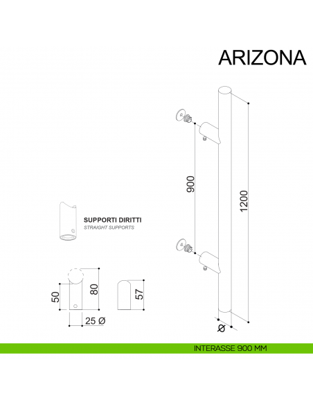 Maniglione tondo dritto in acciaio per porta diametro 30 mm Arizona Fimet Inox disegno interasse 900 mm
