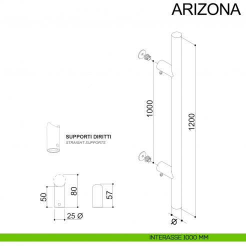 Maniglione tondo dritto in acciaio per porta diametro 30 mm Arizona Fimet Inox disegno interasse 1000 mm
