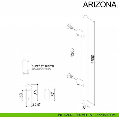 Maniglione tondo dritto in acciaio per porta diametro 30 mm Arizona Fimet Inox disegno interasse 1300 mm altezza 1500 mm