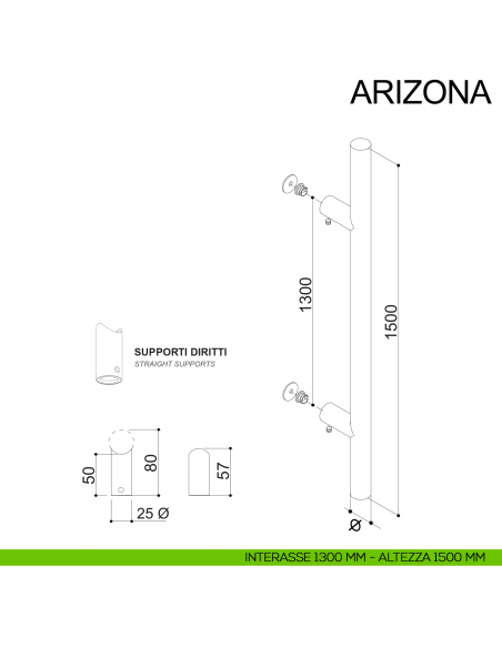 Maniglione tondo dritto in acciaio per porta diametro 30 mm Arizona Fimet Inox disegno interasse 1300 mm altezza 1500 mm