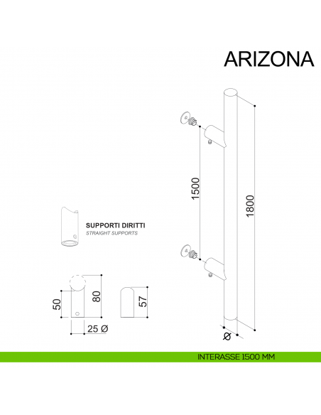 Maniglione tondo dritto in acciaio per porta diametro 30 mm Arizona Fimet Inox disegno interasse 1500 mm