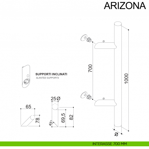 Maniglione tubolare zancato in acciaio diametro 25 mm Arizona Fimet Inox disegno interasse 700 mm