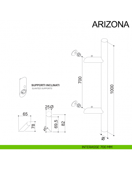 Maniglione tubolare zancato in acciaio diametro 25 mm Arizona Fimet Inox disegno interasse 700 mm