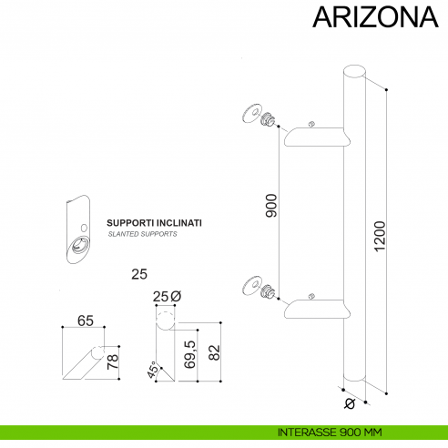 Maniglione tubolare zancato in acciaio diametro 25 mm Arizona Fimet Inox disegno interasse 900 mm
