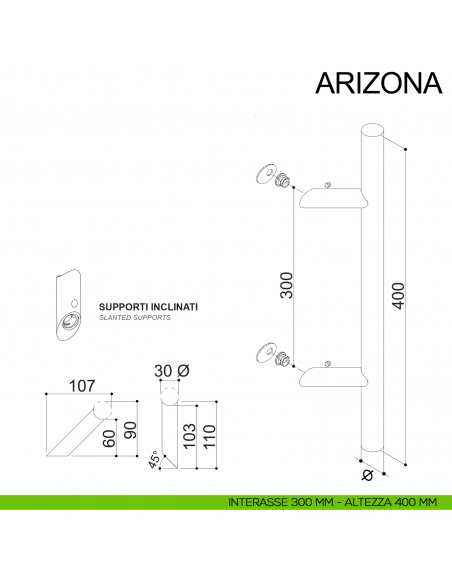 Maniglione zancato tubolare in acciaio per porta diametro 30 mm Arizona Fimet Inox disegno interasse 300 mm