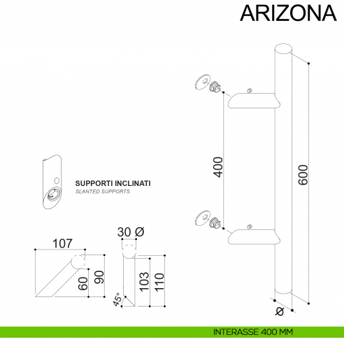 Maniglione zancato tubolare in acciaio per porta diametro 30 mm Arizona Fimet Inox disegno interasse 400 mm
