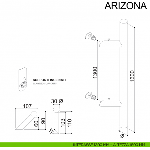 Maniglione zancato tubolare in acciaio per porta diametro 30 mm Arizona Fimet Inox disegno interasse 1300 mm altezza 1600 mm