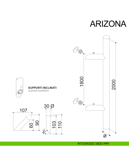 Maniglione zancato tubolare in acciaio per porta diametro 30 mm Arizona Fimet Inox disegno interasse 1800 mm