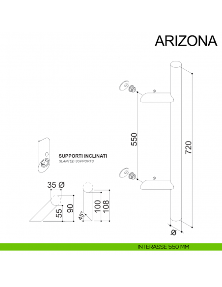 Maniglione in acciaio tubolare zancato per porta diametro 35 mm Arizona Fimet Inox disegno interasse 550 mm