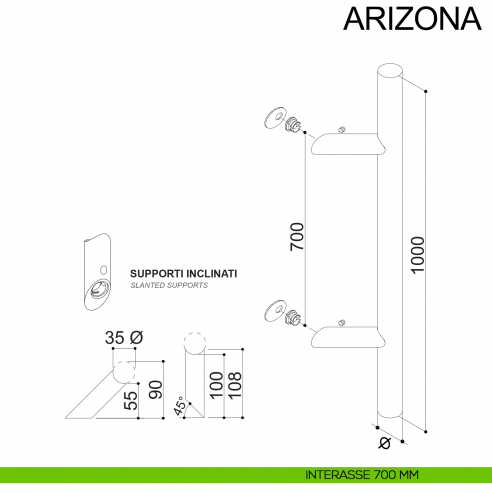 Maniglione in acciaio tubolare zancato per porta diametro 35 mm Arizona Fimet Inox disegno interasse 700 mm