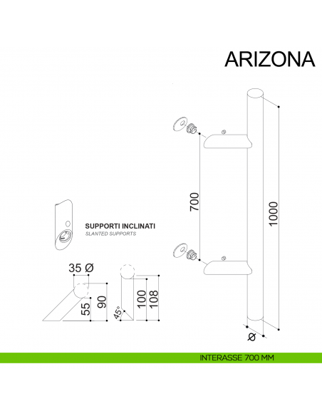 Maniglione in acciaio tubolare zancato per porta diametro 35 mm Arizona Fimet Inox disegno interasse 700 mm