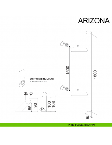 Maniglione in acciaio tubolare zancato per porta diametro 35 mm Arizona Fimet Inox disegno interasse 1500 mm