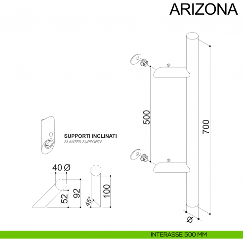 Maniglione zancato tondo in acciaio per porta diametro 40 mm Arizona Fimet Inox disegno interasse 500 mm