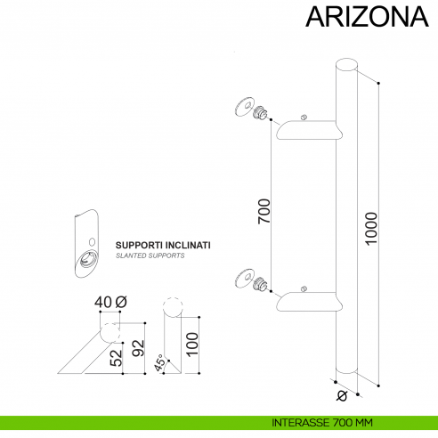Maniglione zancato tondo in acciaio per porta diametro 40 mm Arizona Fimet Inox disegno interasse 700 mm