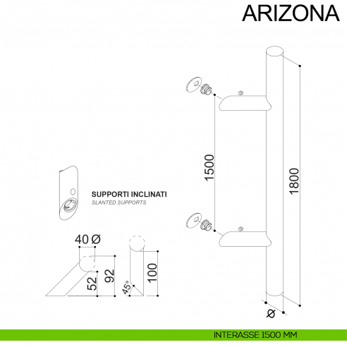 Maniglione zancato tondo in acciaio per porta diametro 40 mm Arizona Fimet Inox disegno interasse 1500 mm