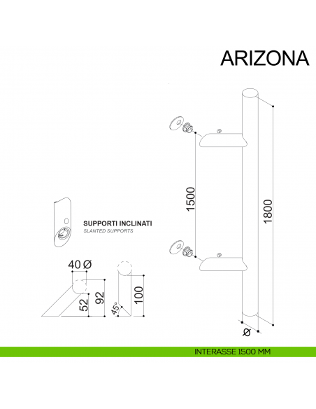 Maniglione zancato tondo in acciaio per porta diametro 40 mm Arizona Fimet Inox disegno interasse 1500 mm