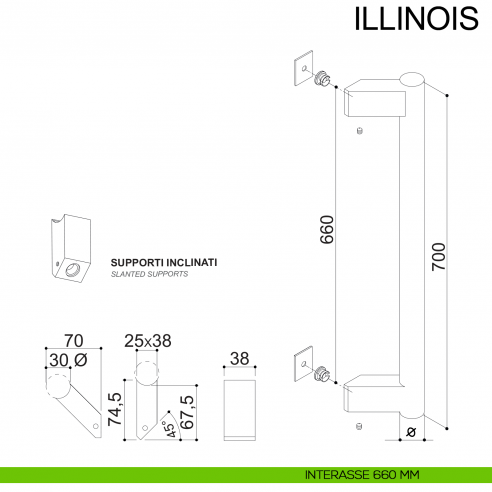 Maniglione zancato in acciaio con supporti esterni per porta diametro 30 mm Illinois Fimet Inox disegno interasse 660 mm