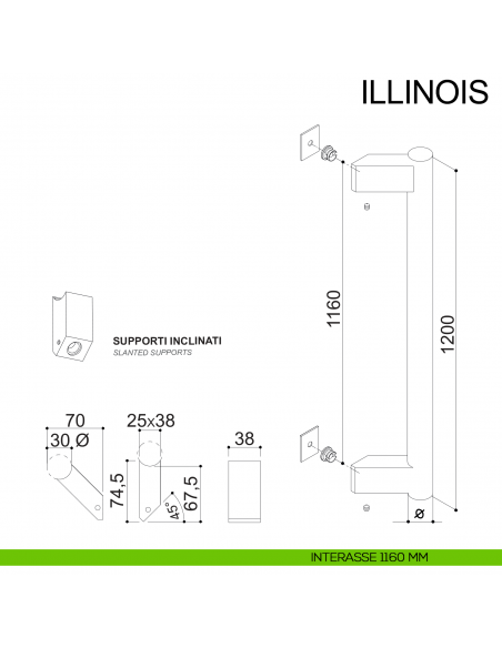 Maniglione zancato in acciaio con supporti esterni per porta diametro 30 mm Illinois Fimet Inox disegno interasse 1160 mm