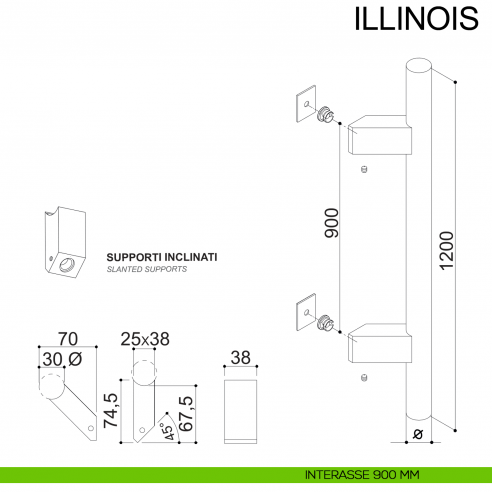 Maniglione zancato in acciaio con supporti interni per porta diametro 30 mm Illinois Fimet Inox