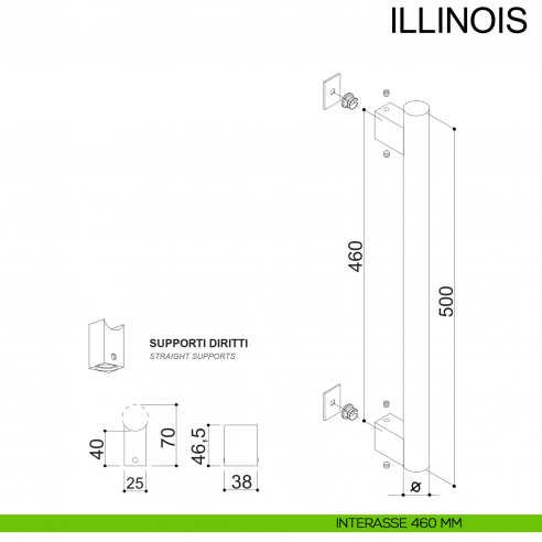 Maniglione dritto con supporti esterni in acciaio per porta diametro 30 mm Illinois Fimet Inox disegno interasse 460 mm