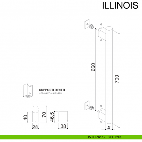 Maniglione dritto con supporti esterni in acciaio per porta diametro 30 mm Illinois Fimet Inox disegno interasse 660 mm