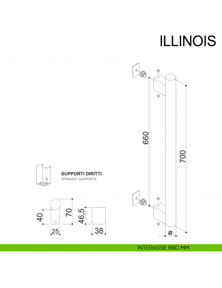 Maniglione dritto con supporti esterni in acciaio per porta diametro 30 mm Illinois Fimet Inox disegno interasse 660 mm