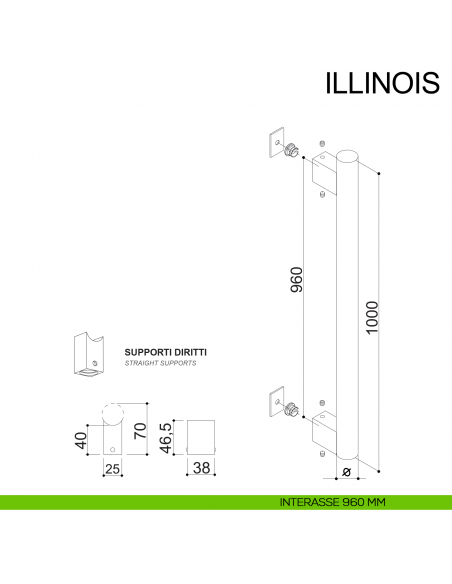 Maniglione dritto con supporti esterni in acciaio per porta diametro 30 mm Illinois Fimet Inox disegno interasse 960 mm
