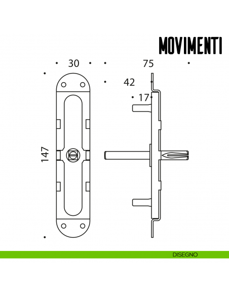 Movimento gratz Q.7 con perni per maniglia finestra cremonese Colombo Design disegno tecnico