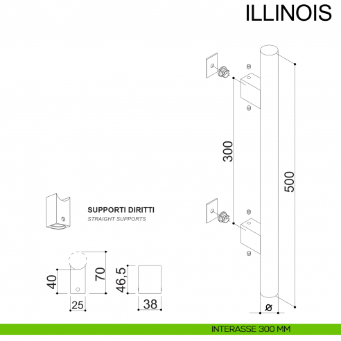 Maniglione dritto con supporti interni in acciaio per porta diametro 30 mm Illinois Fimet Inox disegno interasse 300 mm