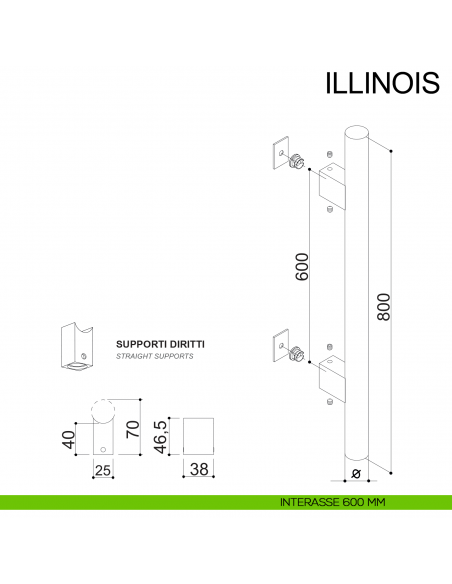 Maniglione dritto con supporti interni in acciaio per porta diametro 30 mm Illinois Fimet Inox disegno interasse 600 mm