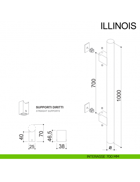 Maniglione dritto con supporti interni in acciaio per porta diametro 30 mm Illinois Fimet Inox disegno interasse 700 mm