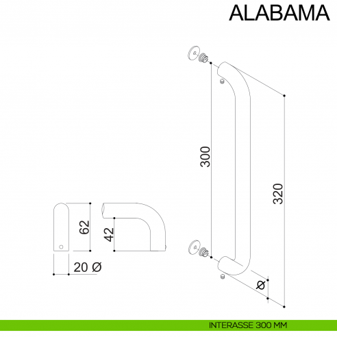 Maniglione tubolare dritto in acciaio per porta diametro 20 mm Alabama Fimet Inox disegno interasse 300 mm